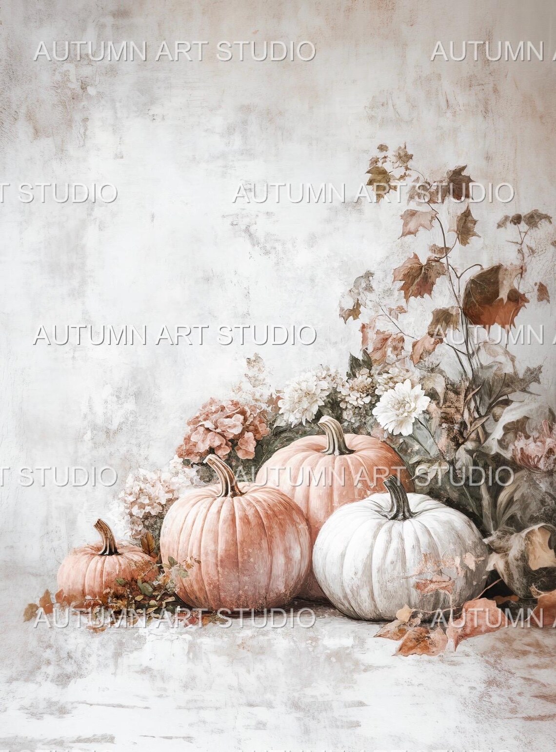 White And Blush Pumpkins With Wildflowers Still Life Fall Wall Art Poster - Image 4
