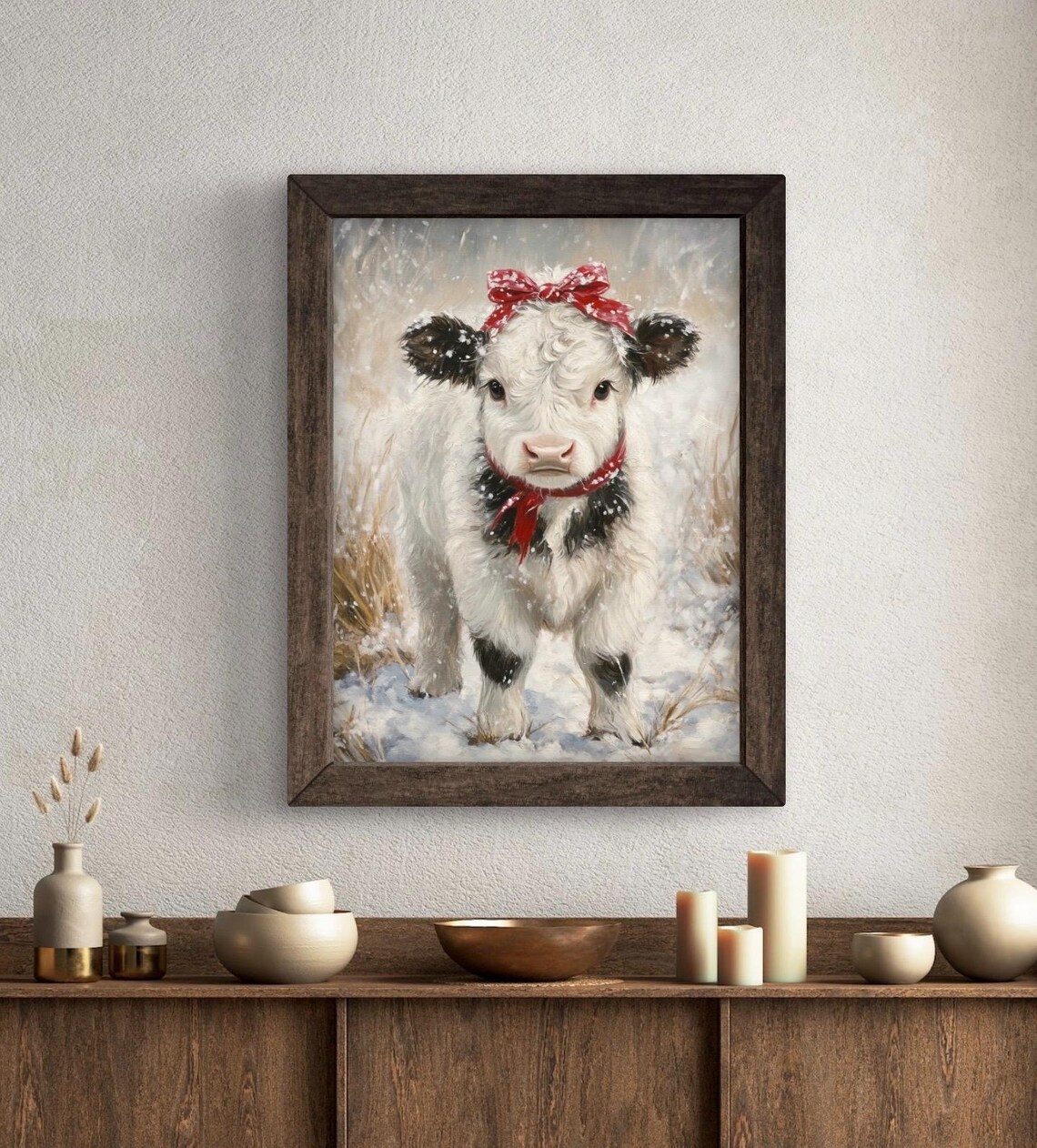 Cute Highland Calf in Snow With Red Bow Art Print - Image 5