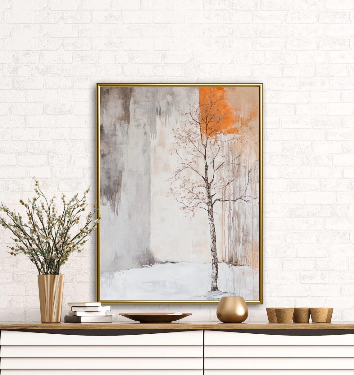 Autumn Tales Lone Tree Misty Morning Orange Sun Minimalist Nature Poster - Image 4