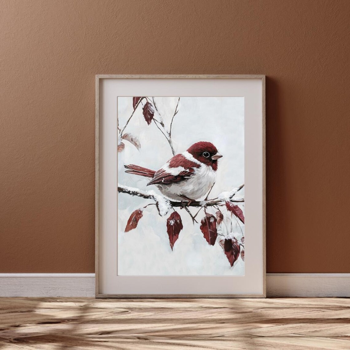 Red Winter Sparrow Art Print, Moody Seasonal Wildlife - Image 6