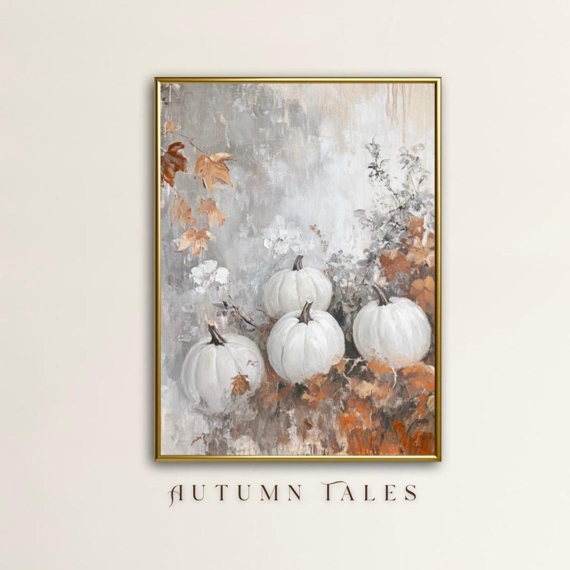 Autumn Tales White Pumpkins Orange Leaves Fall Harvest Poster