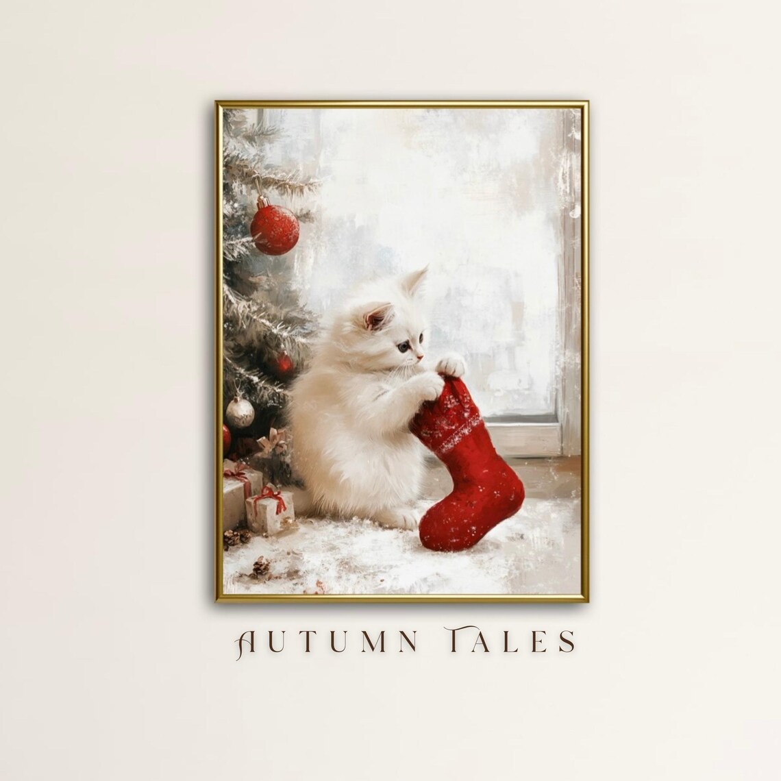 Christmas Kitten With Stocking, Festive Home Decor