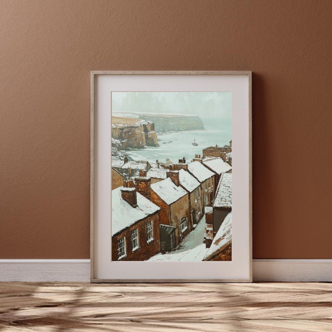 Vintage Fishing Village In Yorkshire Wall Art Print Of Old English Village In Winter Snow Covered Coastal Cliff - Image 6