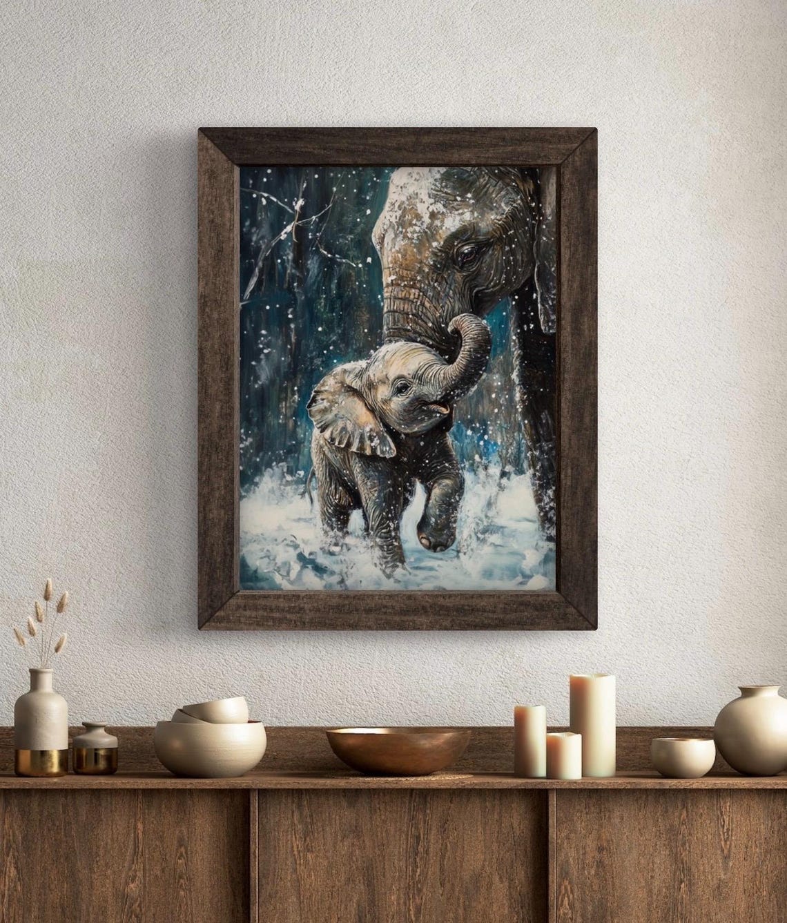 Baby Elephant With Mother In Snowy Forest Playful Wildlife Art Poster - Image 5