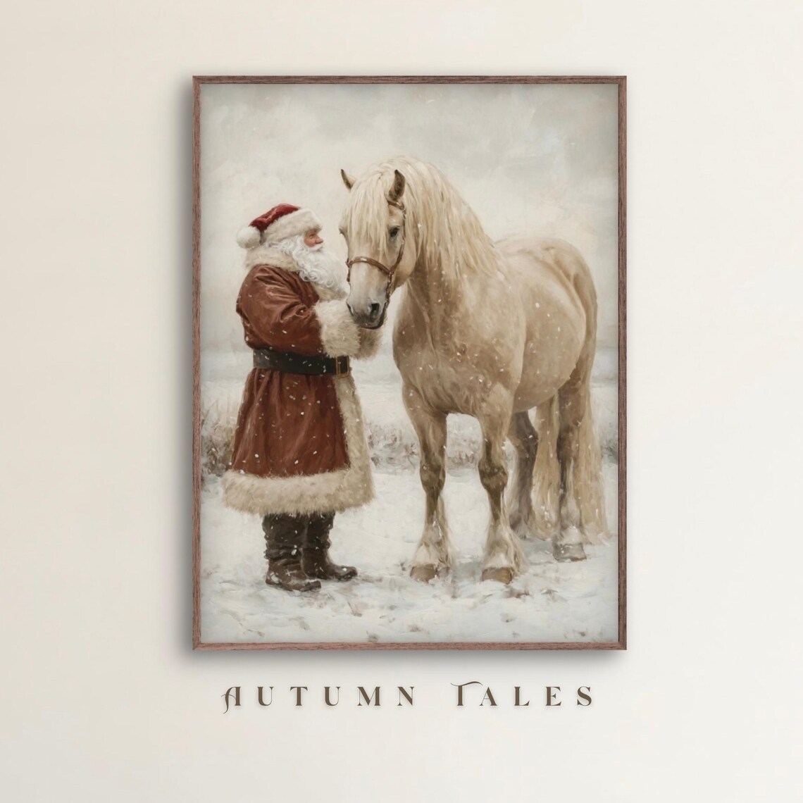 Vintage Santa Beige Clydesdale Horse Christmas Art Print
