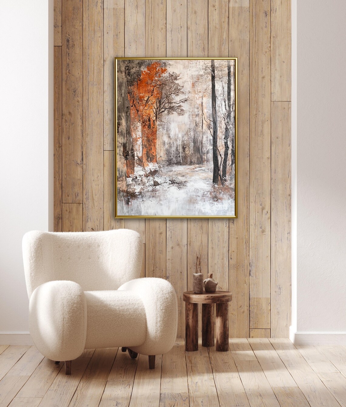 Moody Abstract Autumn Forest With Bold Orange Tree Art Print - Image 2