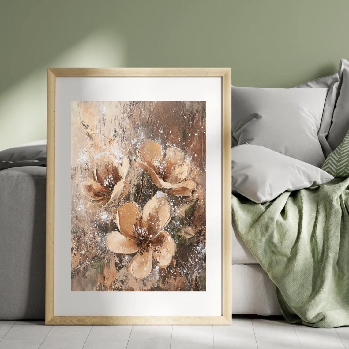 Abstract Caramel Brown Flowers on Dark Texture Moody Botanical Wall Art Poster - Image 4