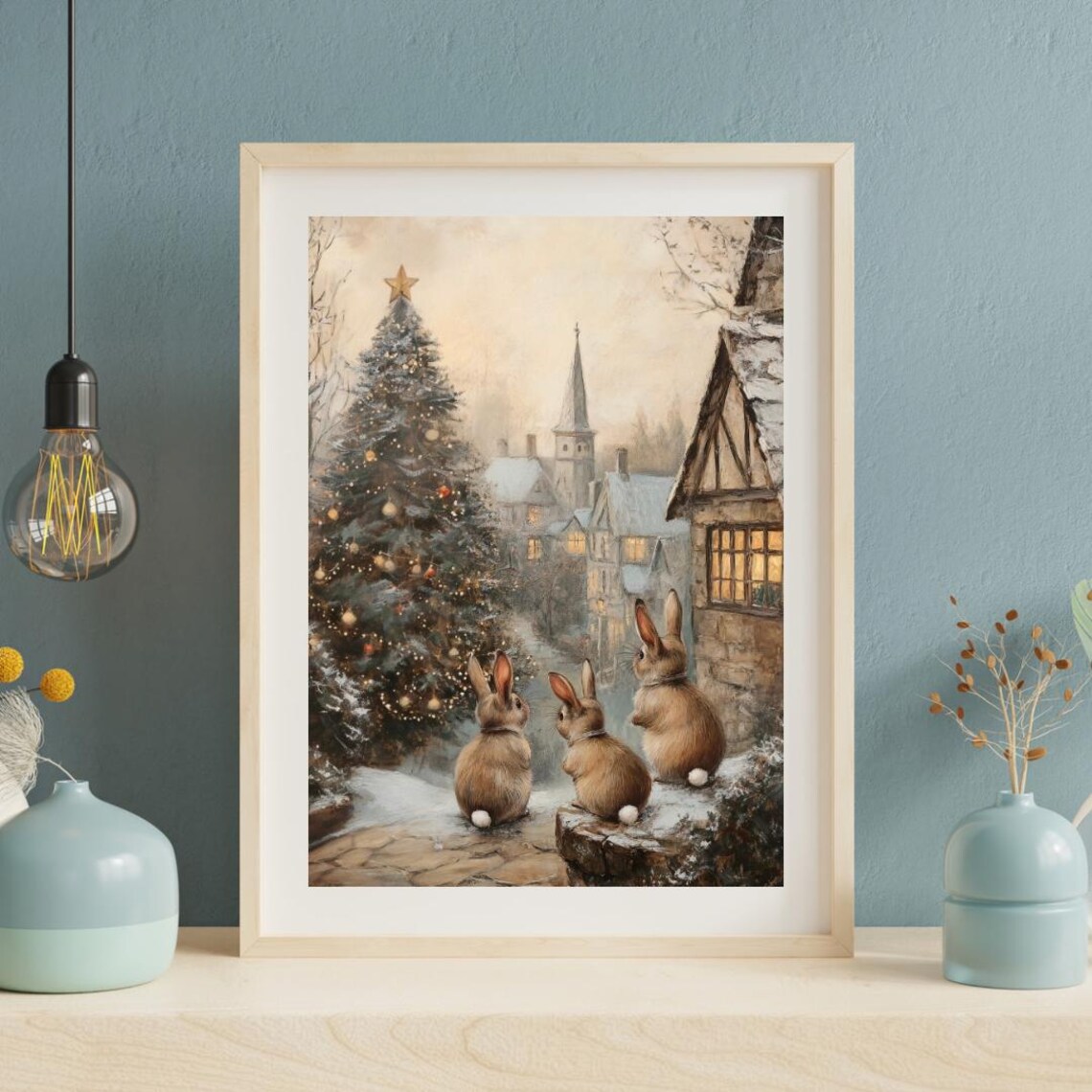 Winter Bunnies and Christmas Tree Vintage Art Print - Image 2