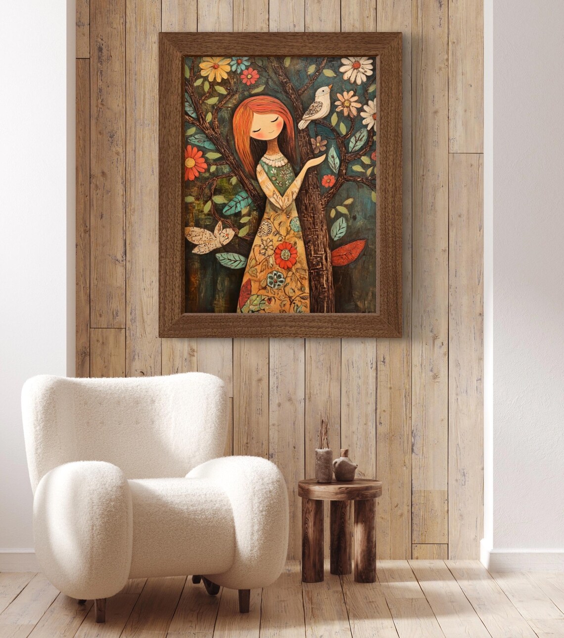 Red Haired Girl by Blooming Tree with Bird Whimsical Folk Art Wall Art Poster - Image 3