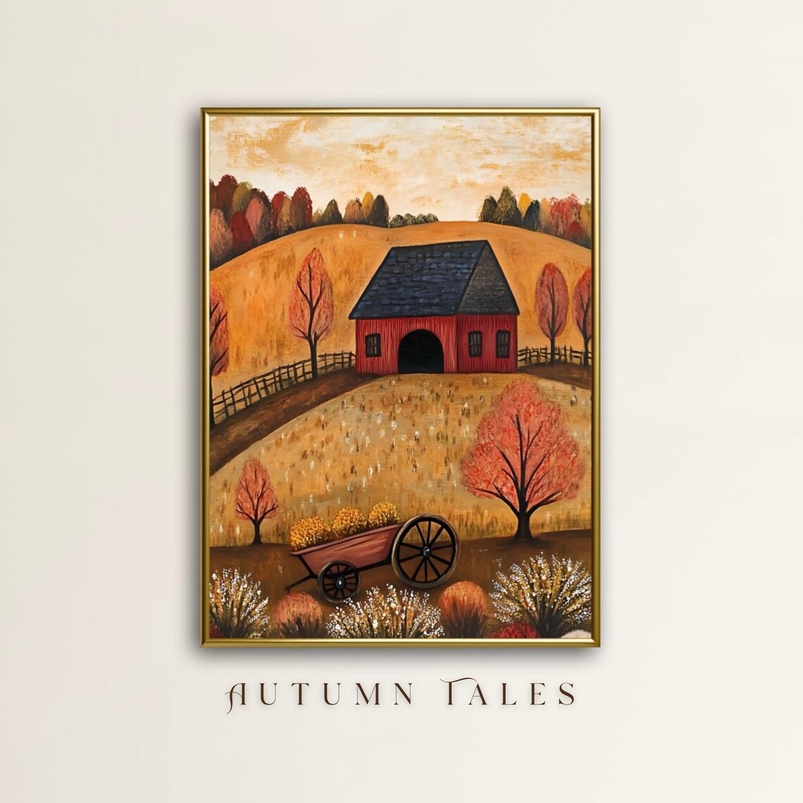 Rustic Folk Art Red Barn With Hay Wagon In Golden Field Art Print