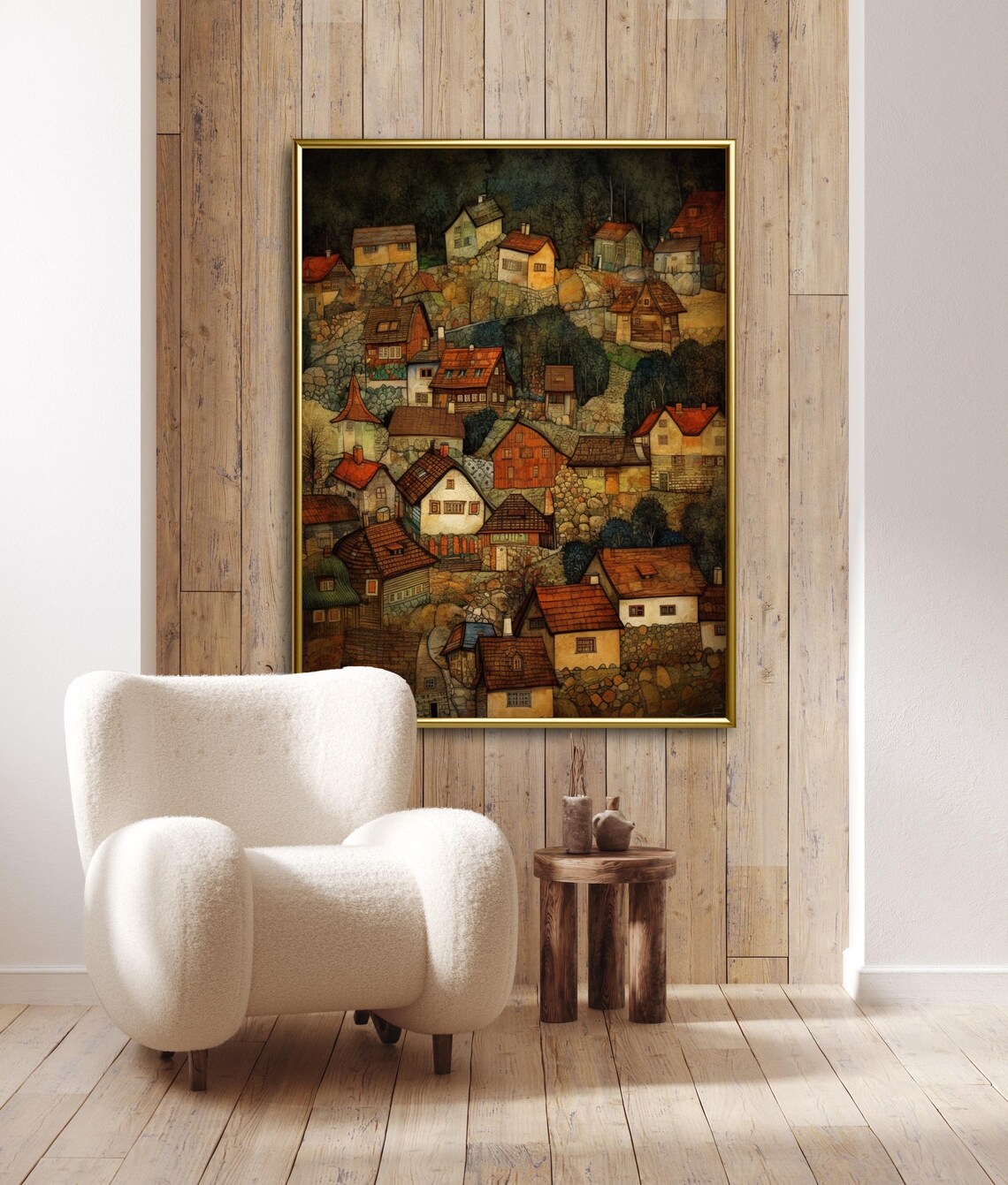 Whimsical Hillside Village Red Roof Houses Earthy Painting Poster - Image 5