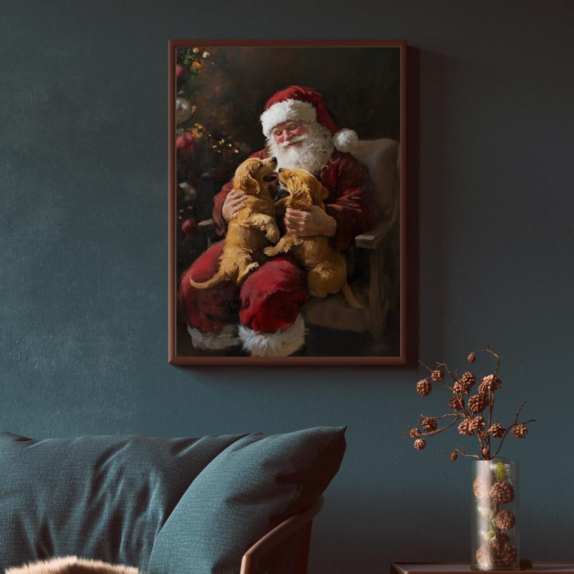 Santa And Golden Retriever Puppies Vintage Christmas Poster - Image 4
