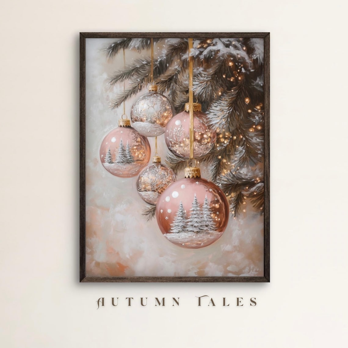 Vintage Christmas Ornaments Art Print, Pink Rose Gold