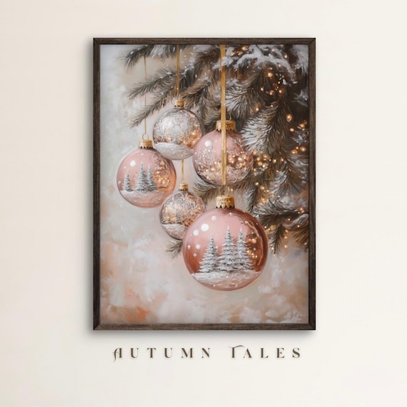 Vintage Christmas Ornaments Art Print, Pink Rose Gold