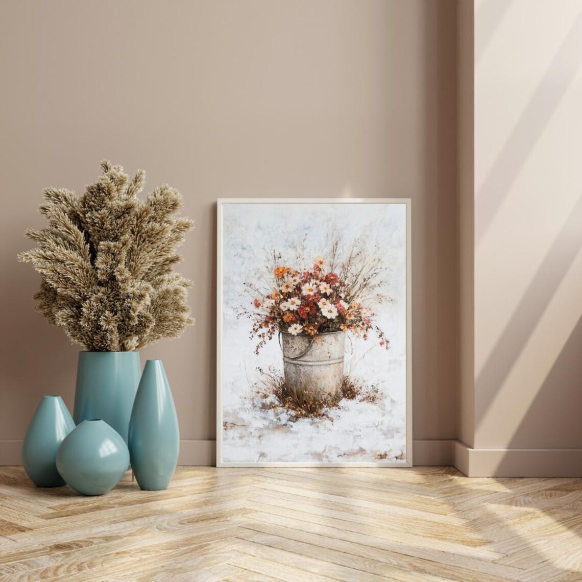 Winter Wildflowers Galvanized Bucket Snowy Floral Art Poster - Image 4