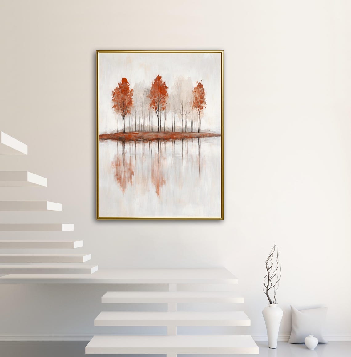 Rustic Orange Trees Lake Reflection Minimalist Autumn Landscape Poster - Image 2