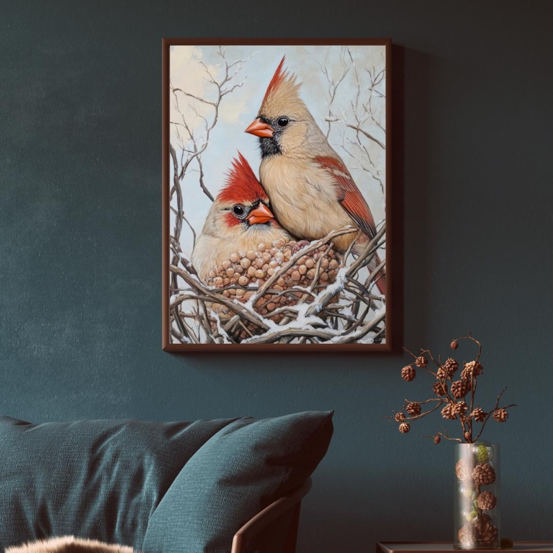 Pair Of Northern Cardinals On Snowy Nest Branch Bright Winter Bird Art Print - Image 4