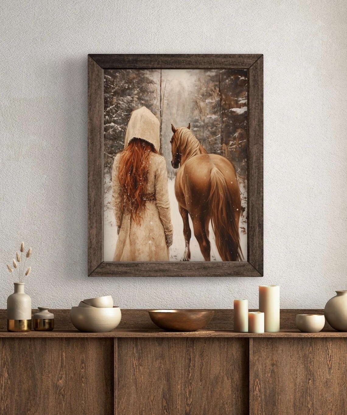 Red Haired Girl With Chestnut Horse In Snowy Forest Winter Art Painting Poster - Image 5