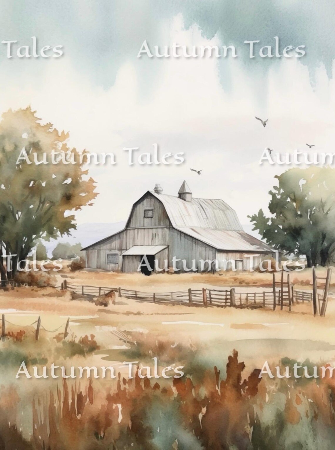 Gentle Soft Watercolor Barn With Fenced Autumn Field Art Print - Image 2
