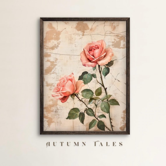 Vintage Pink Roses Botanical Illustration Distressed Beige Floral Poster