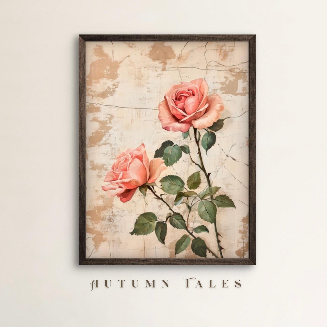Vintage Pink Roses Botanical Illustration Distressed Beige Floral Poster