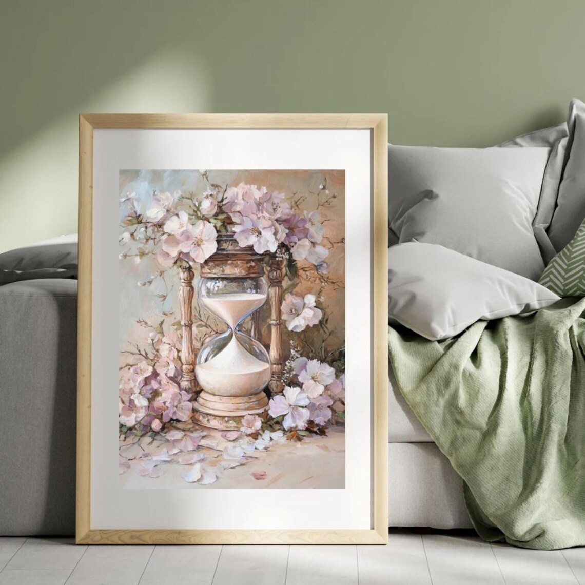Vintage Hourglass Surrounded by Pink Cherry Blossoms Romantic Wall Art Print - Image 2
