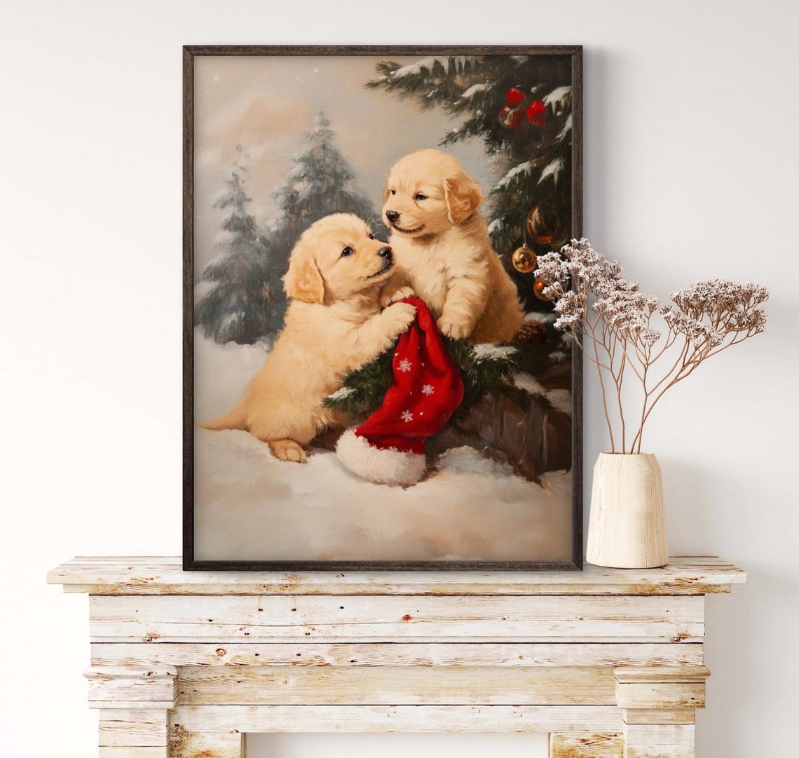 Vintage Christmas Golden Retriever Puppies Wall Art Festive Christmas Wall Decor Of Two Playful Golden Puppies In A Winter Forest - Image 2
