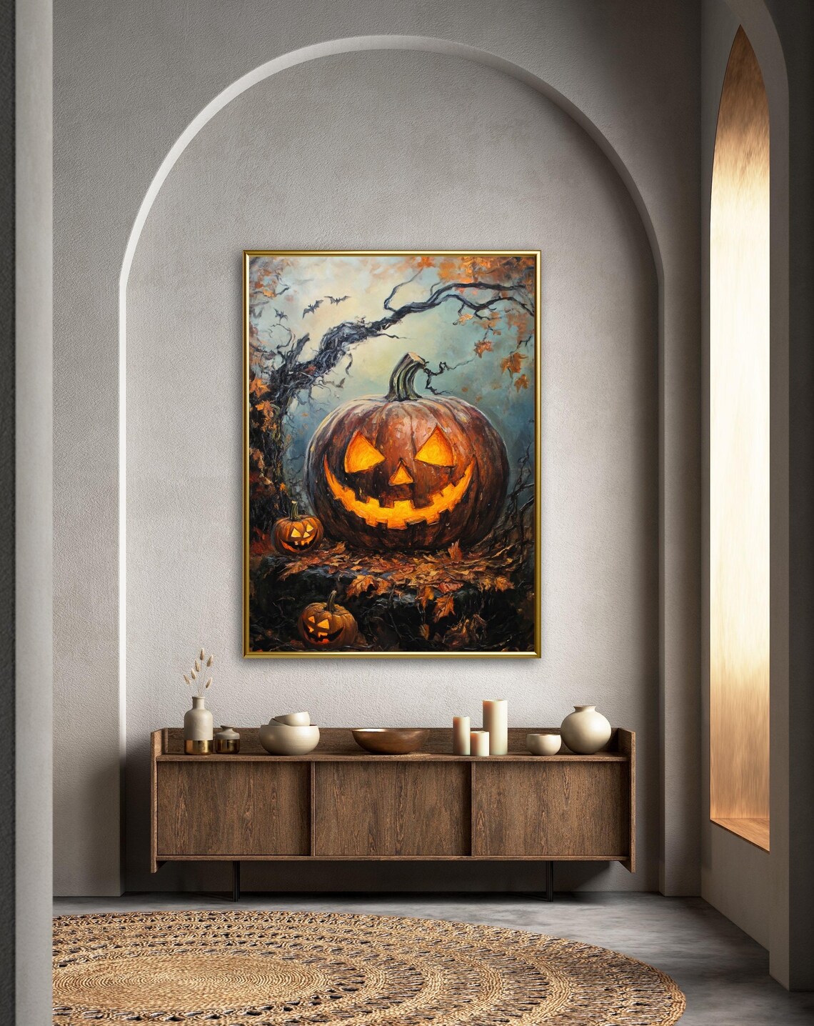 Giant Glowing Jack O Lantern Under Twisted Autumn Tree Spooky Halloween Poster - Image 3