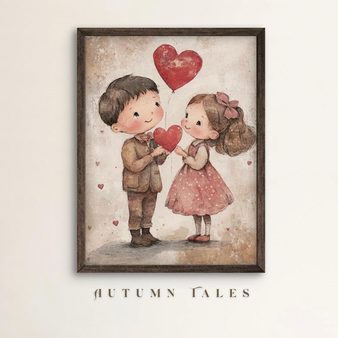 Boy and Girl Red Heart Balloon Vintage Valentines Day Poster
