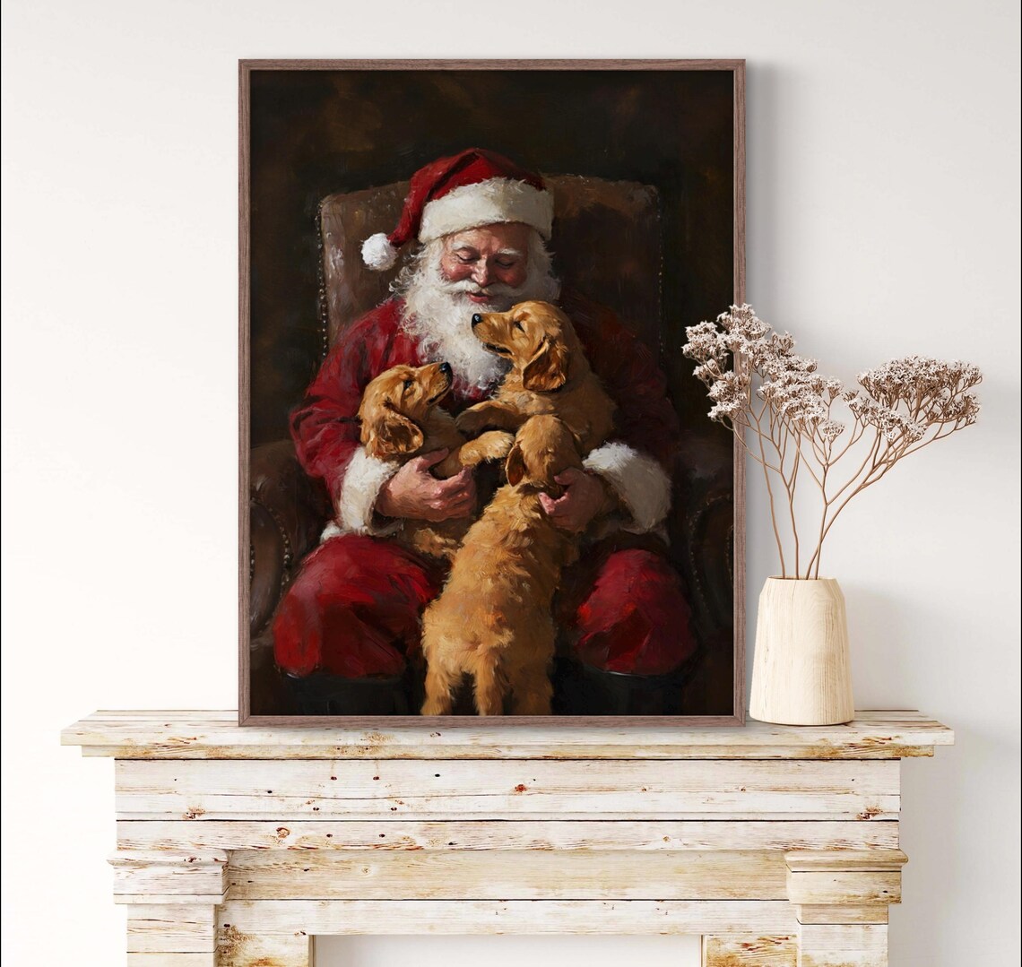 Santa And Golden Retriever Puppies Wall Art Moody Dark Christmas Of Cute Puppies Vintage Rustic Christmas Winter Home Decor - Image 4
