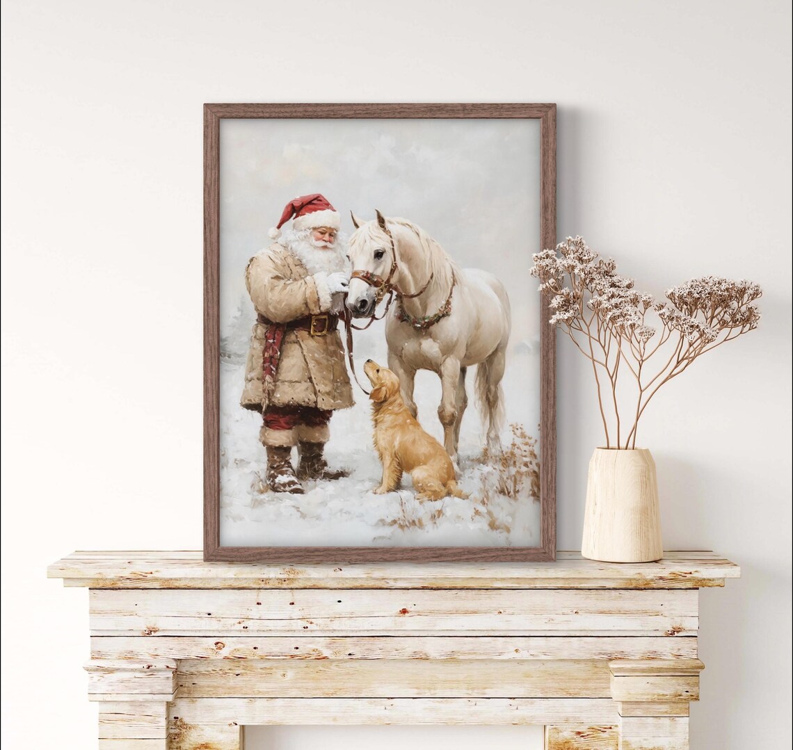 Vintage Santa With White Horse Art Print - Image 3