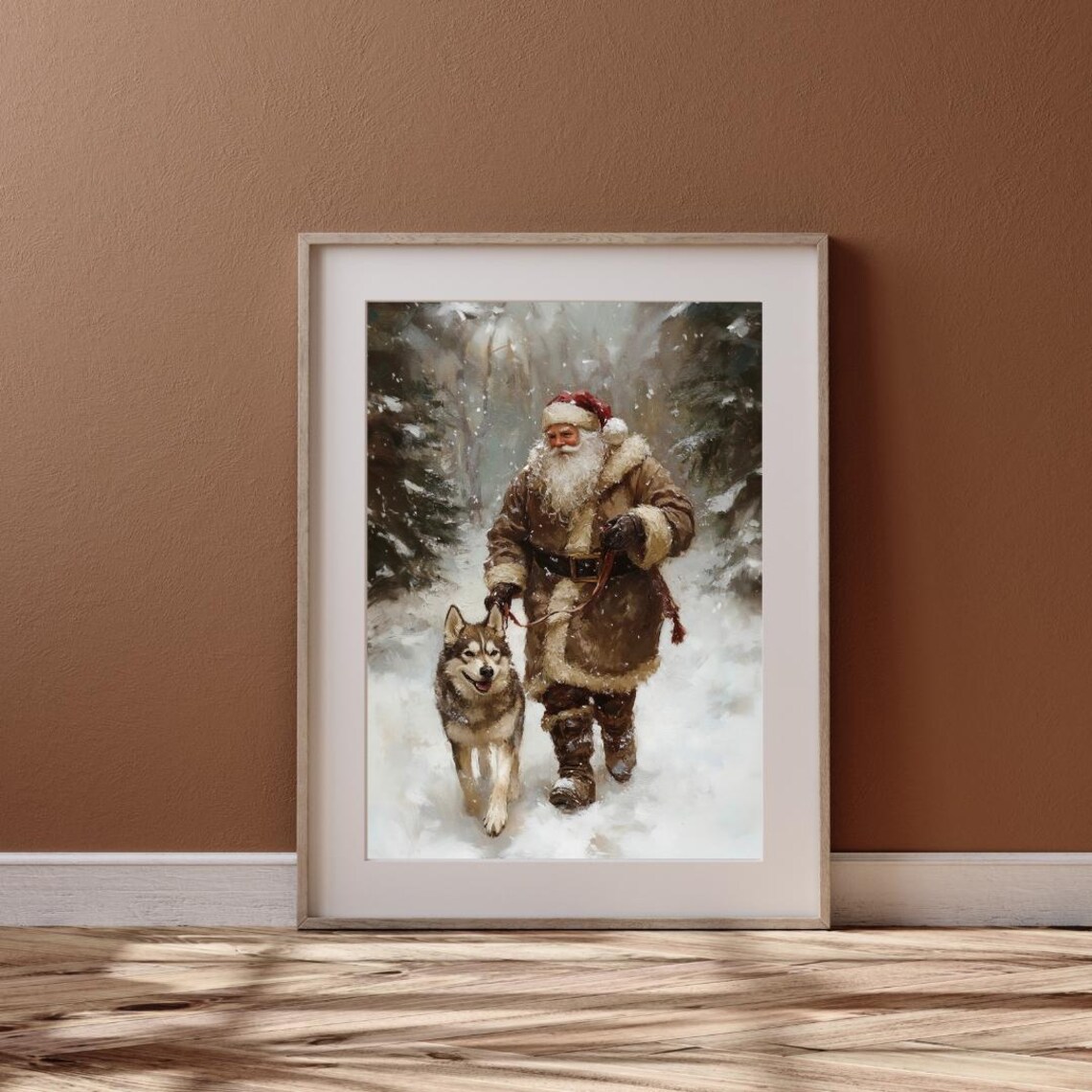 Santa Husky Dog Vintage Christmas Landscape Art Print - Image 6