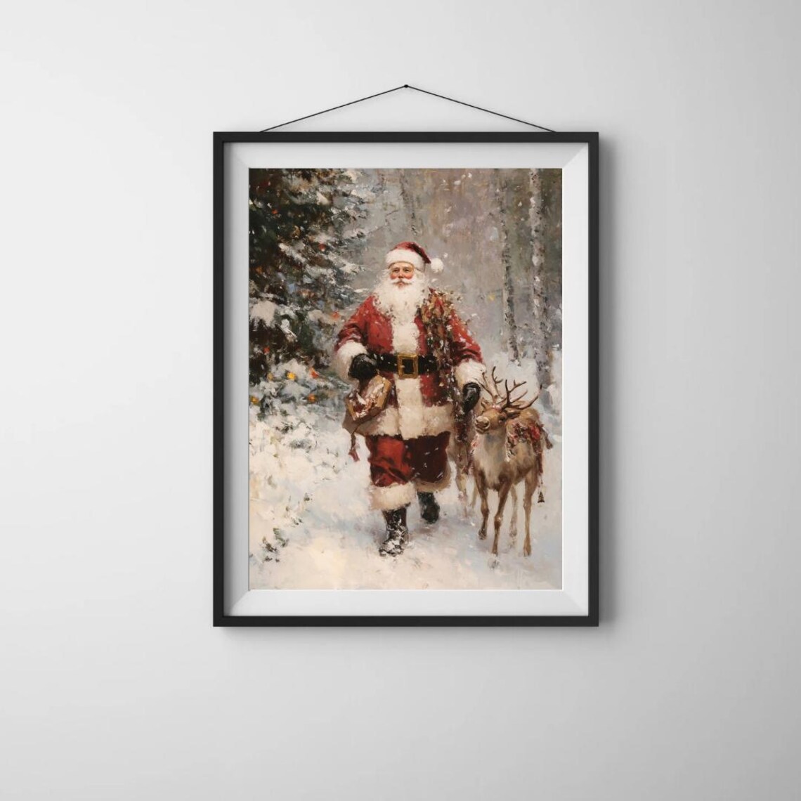 Vintage Christmas Santa and Reindeer Winter Poster - Image 2