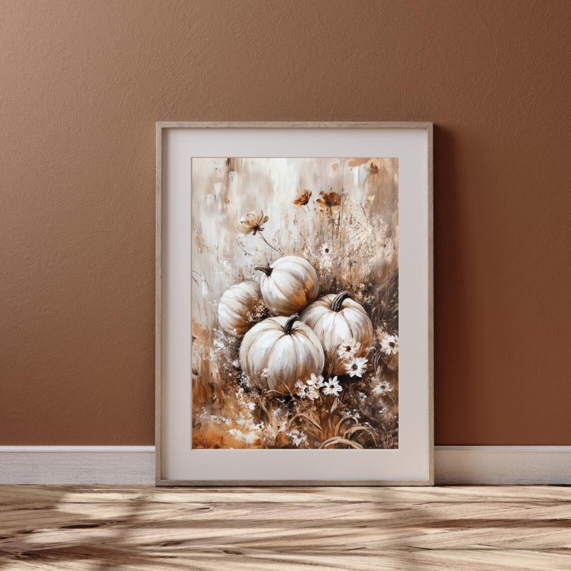 Autumn Tales White Pumpkins Wildflowers Fall Still Life Neutral Farmhouse Print - Image 4