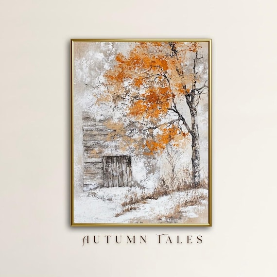 Autumn Tales Old Wooden Shed Birch Trees Snowy Vintage Farm Scene Poster