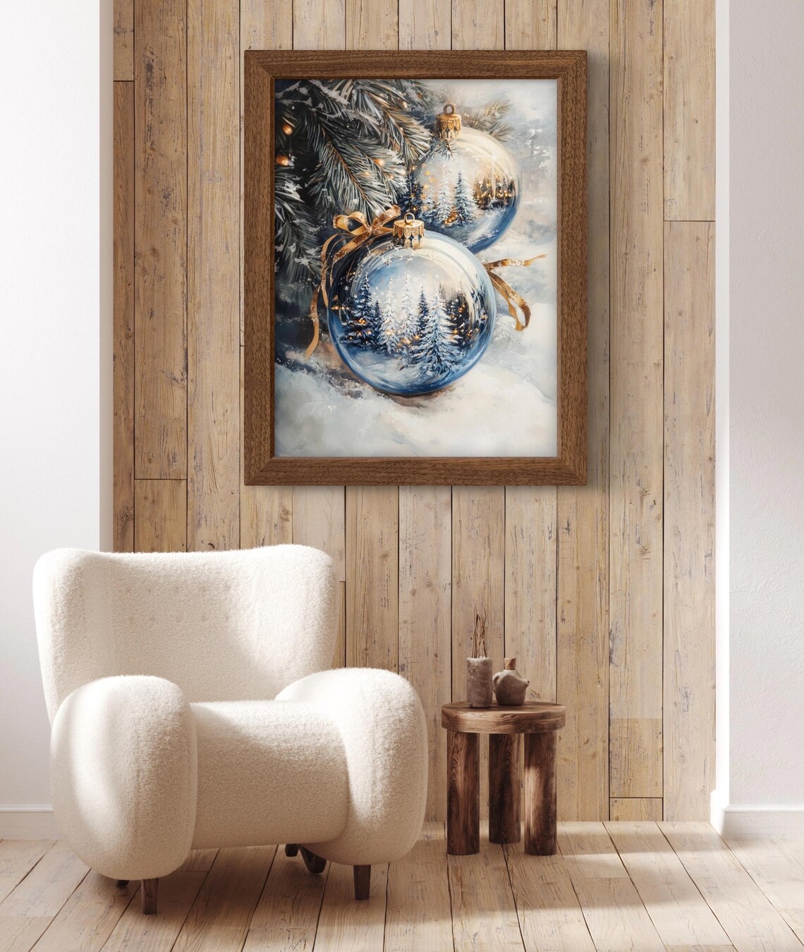 Blue Gold Christmas Ornaments Winter Festive Art Print - Image 2