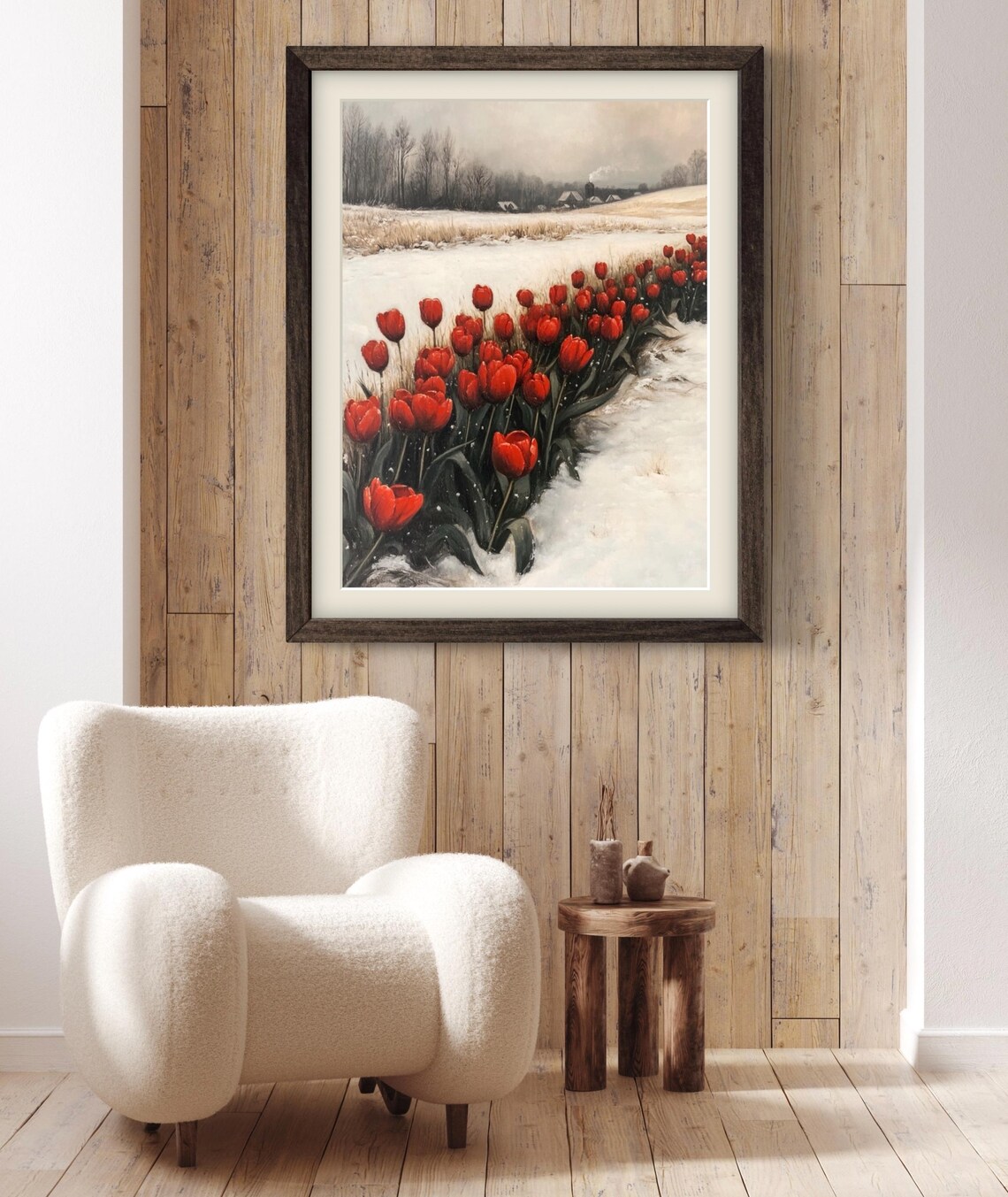 Red Tulips Blooming In Snowy Field Winter To Spring Floral Art Wall Poster - Image 3