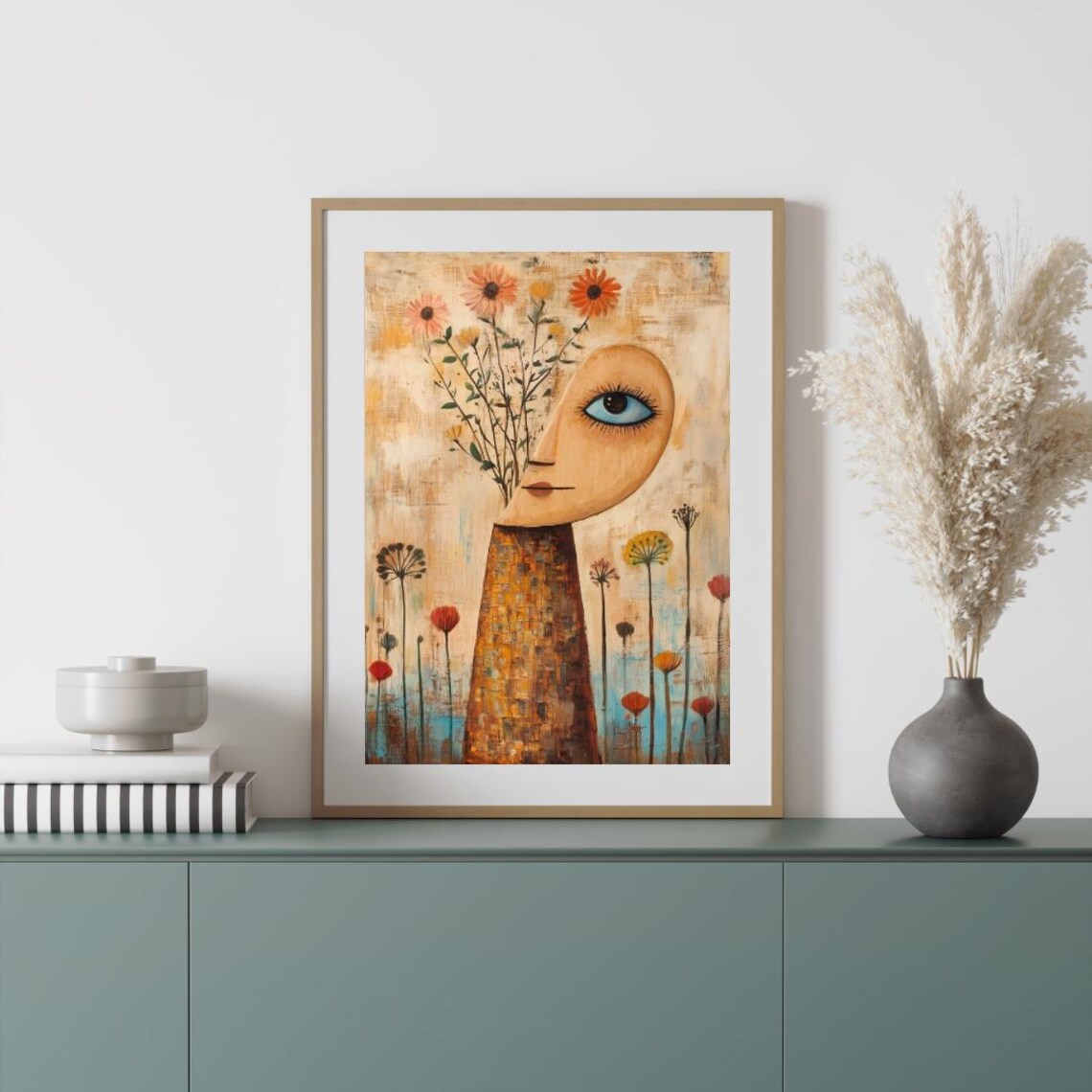 Surreal Female Face Vase with Wildflowers Abstract Folk Art Wall Art Poster - Image 3