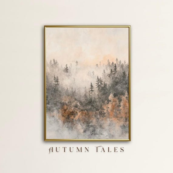 Vintage Pine Tree Foggy Misty Forest Mountain Wall Art Print Prinable Rustic Minimalist Farmhose Home Decor Moody Fall