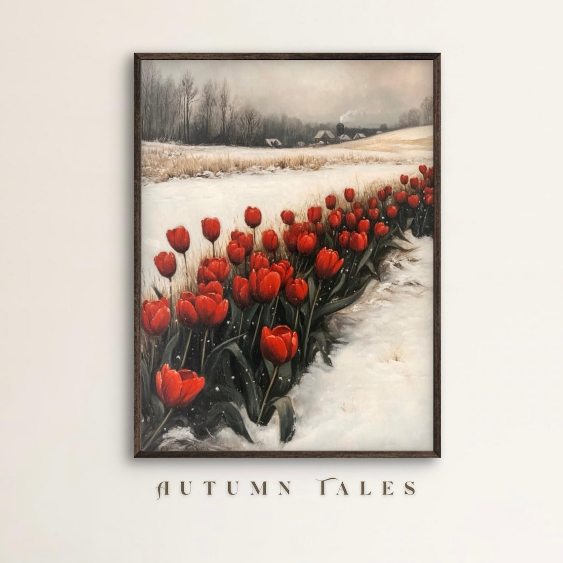 Red Tulips Blooming In Snowy Field Winter To Spring Floral Art Wall Poster