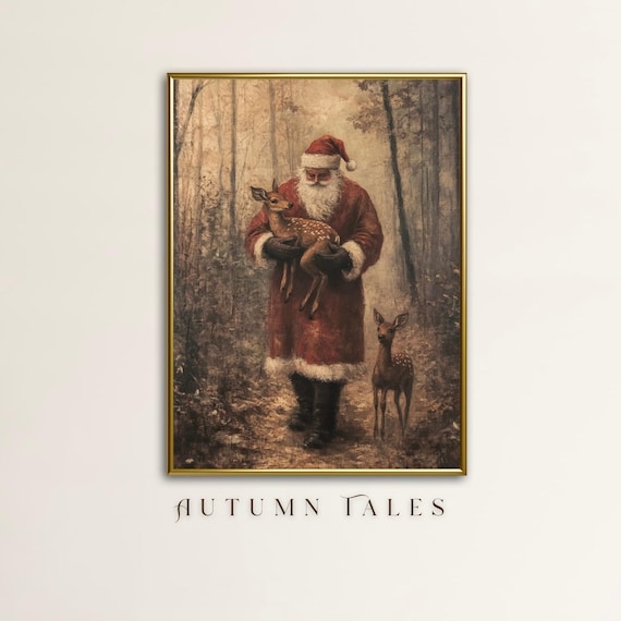 Santa Baby Reindeer Christmas Wall Art Print Moody Vibtage Forest Festive Wall Decor Rustic Earthy Color