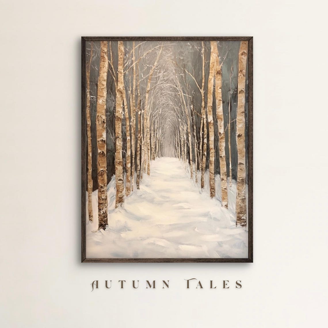 Winter Birch Forest Snowy Tree Lined Lane Neutral Landscape Poster