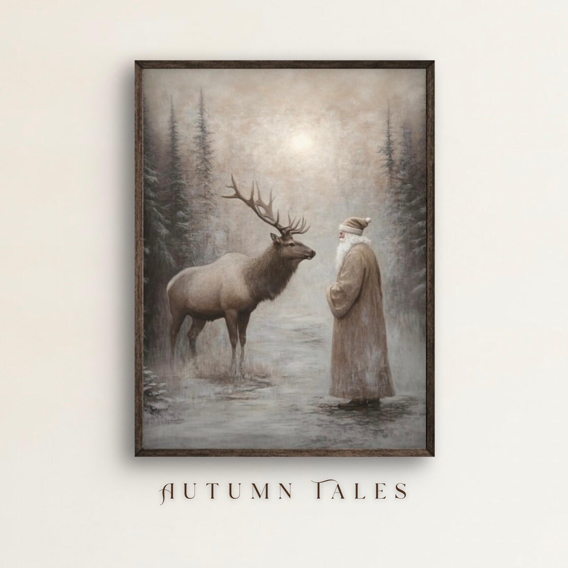 Moody Santa Reindeer Christmas Forest Snowfall Art Print
