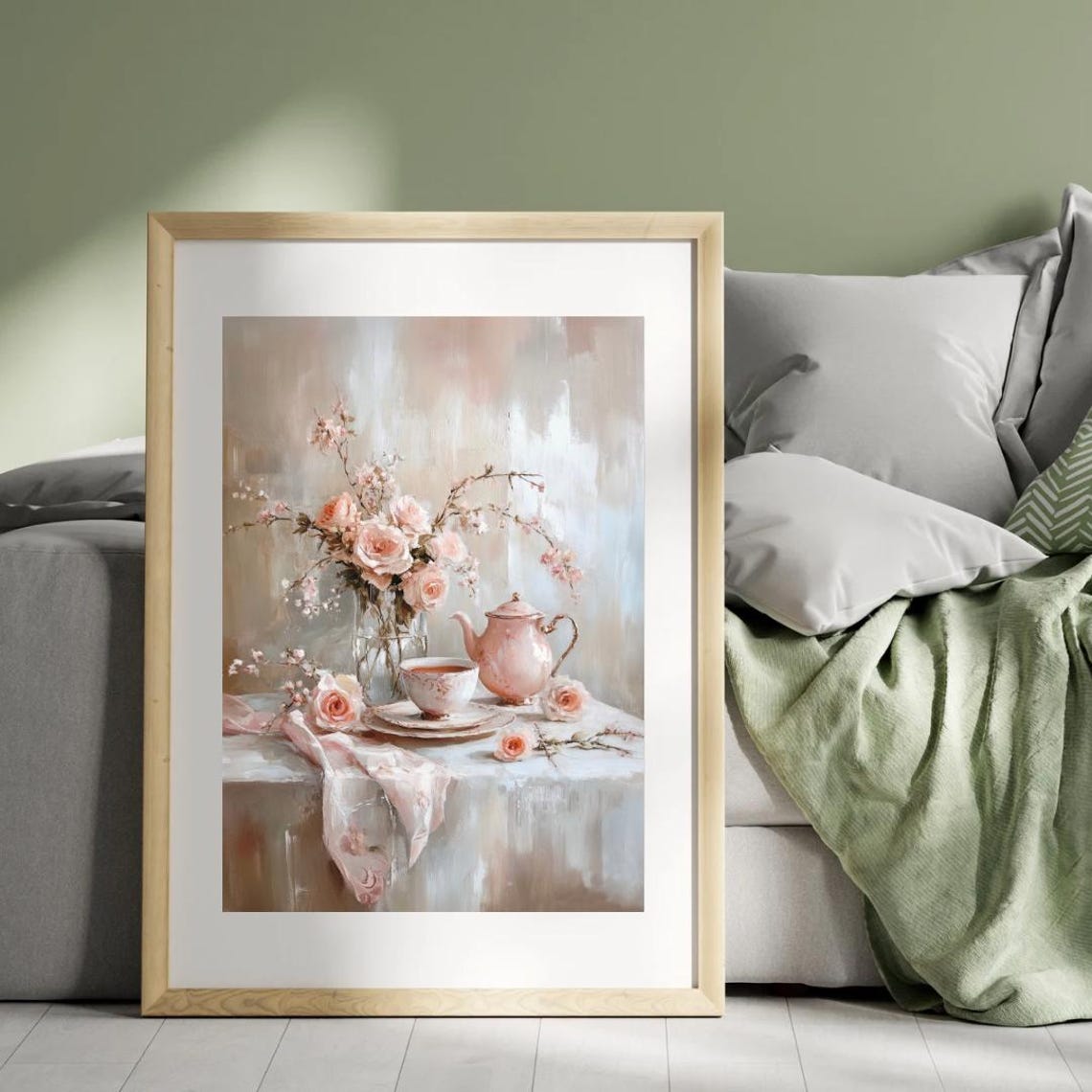 Pink Tea Time Still Life Teapot Teacup Roses Cottagecore Floral Poster - Image 4