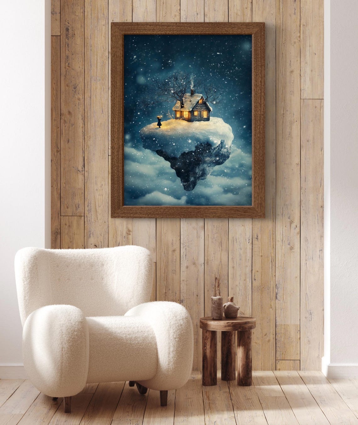 Surreal Floating Island Snow Cottage Starry Night Winter Dream Poster - Image 2