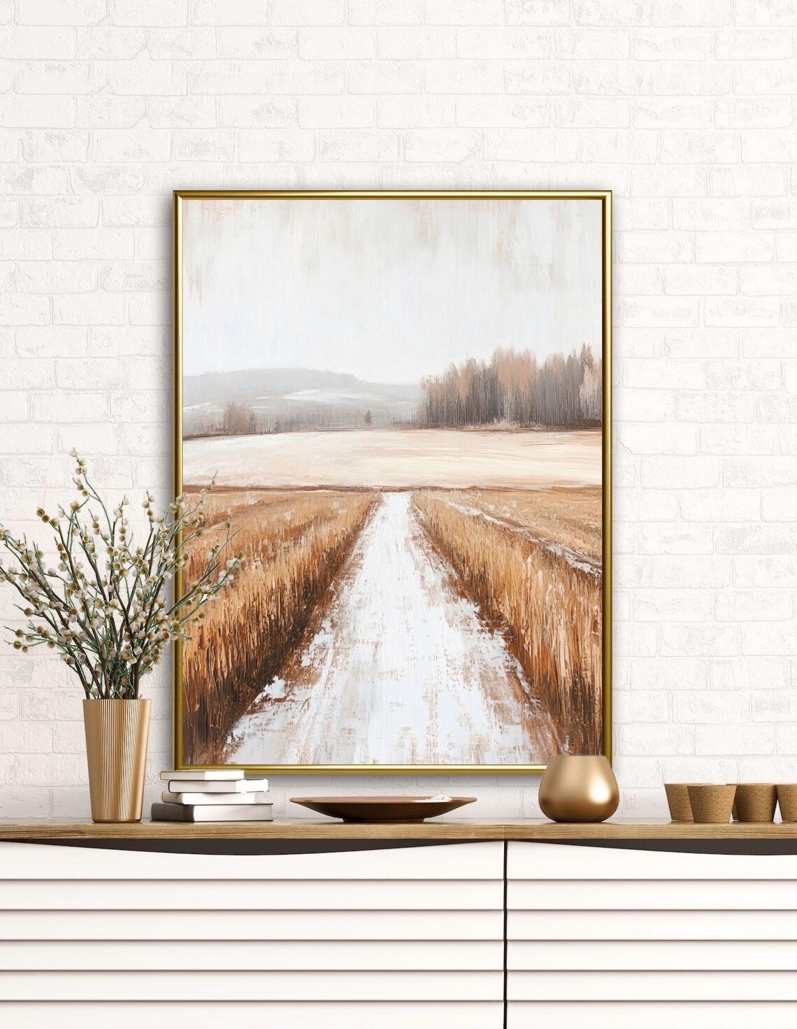 Snowy Path Through Golden Wheat Field Misty Minimalist Winter Landscape Print - Image 3