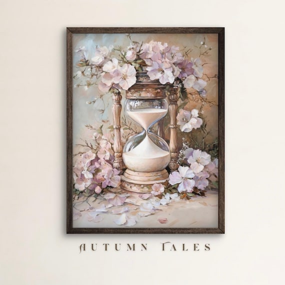 Vintage Hourglass Surrounded by Pink Cherry Blossoms Romantic Wall Art Print