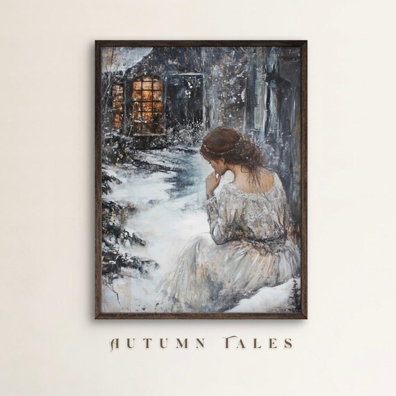 Victorian Winter Cottagecore Wall Art Print Of A Girl In White Dress Moody Snowy Day Vintage Romantic Painting