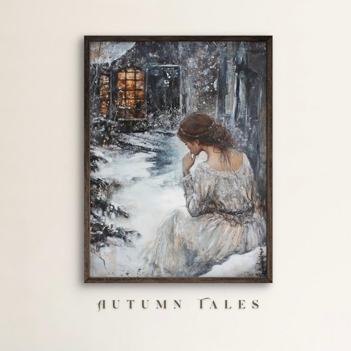 Victorian Winter Cottagecore Wall Art Print Of A Girl In White Dress Moody Snowy Day Vintage Romantic Painting