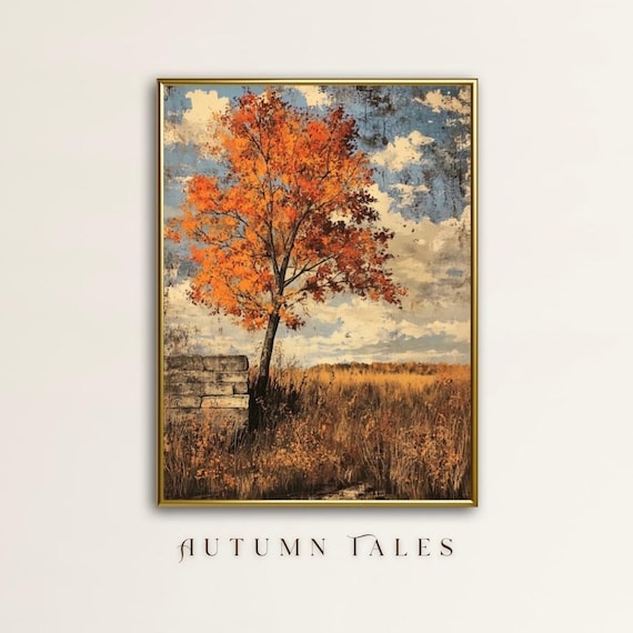 Autumn Tales Lone Maple Tree Fiery Leaves Golden Field Landscape Poster